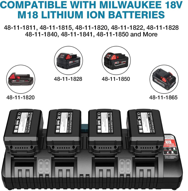 M18 4-Port Rapid Charger for Milwaukee 18V Li-Ion Batteries