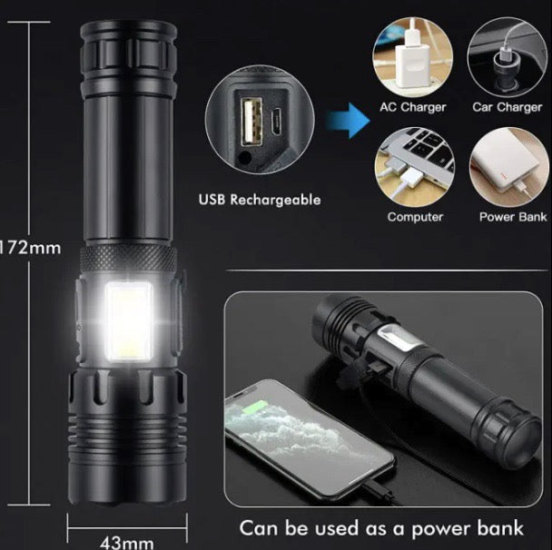 High Lumen Super Bright LED Rechargeable Tactical P90 Flashlight