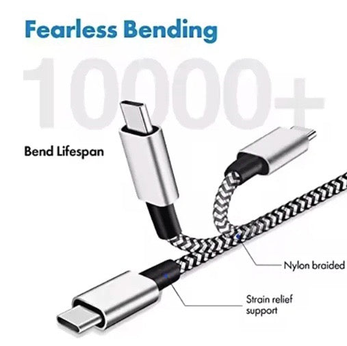 USB Type A to USB Lightning/Type C Fast Charging Nylon Braided Charging Chord, 10"