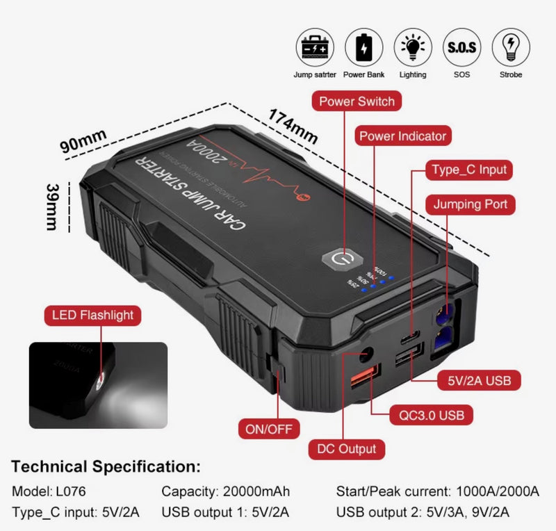 2000A Car Jump Starter Booster Jumper Box Power Bank Battery Charger Portable US