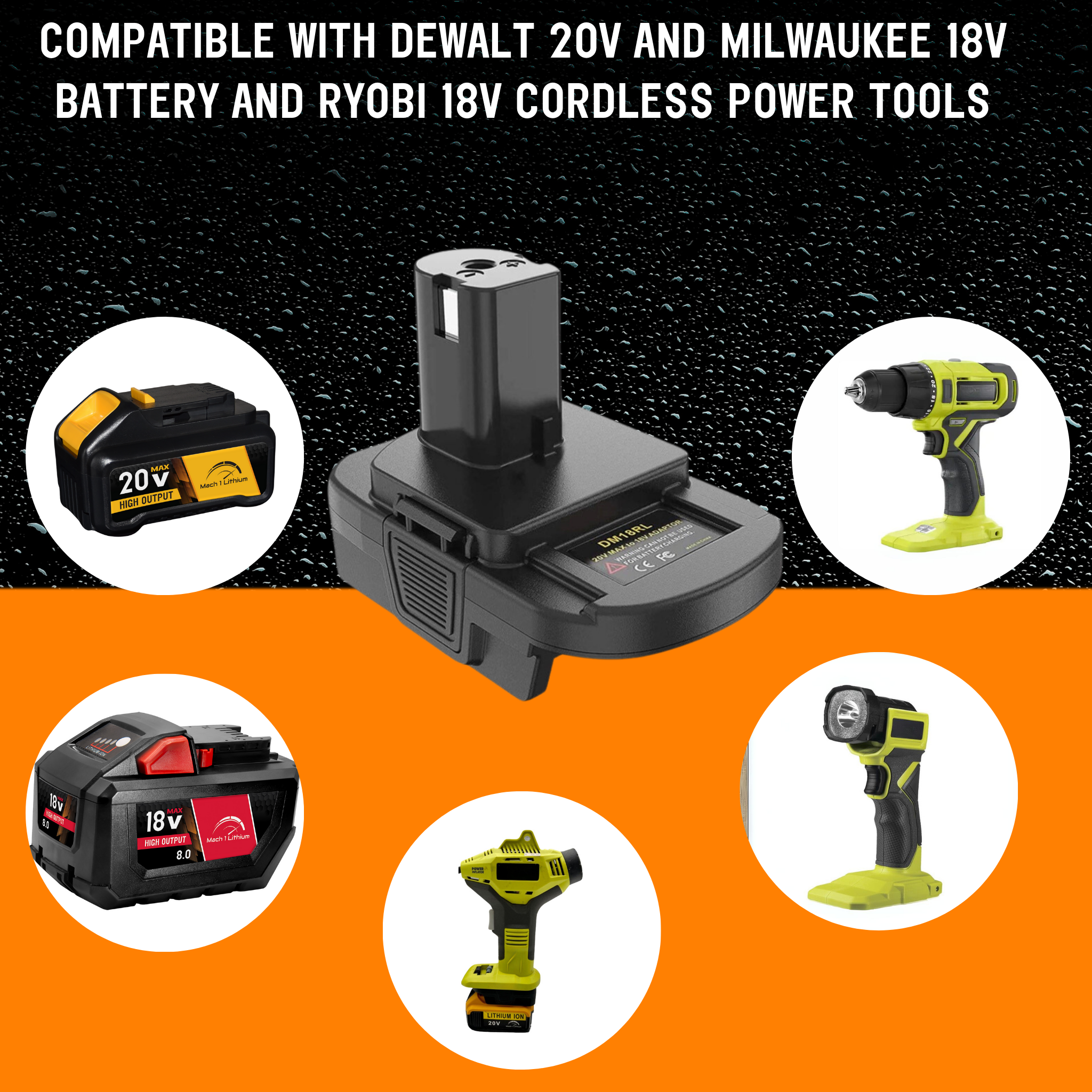 Adapter for DeWalt 20V and Milwaukee 18V Battery to Ryobi 18V Cordless Tool with USB Port