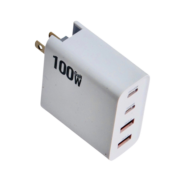 100W Four-Port GaN Wall Charger with 2 USB-C Ports (100W, 30W) and 2 USB-A Ports with PD and QC 3.0 for Laptops, Tablets, Phones, and More.