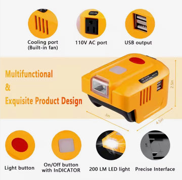 DeWalt 20V Power Inverter Front View Showing 110V AC Outlet and Dual USB Ports