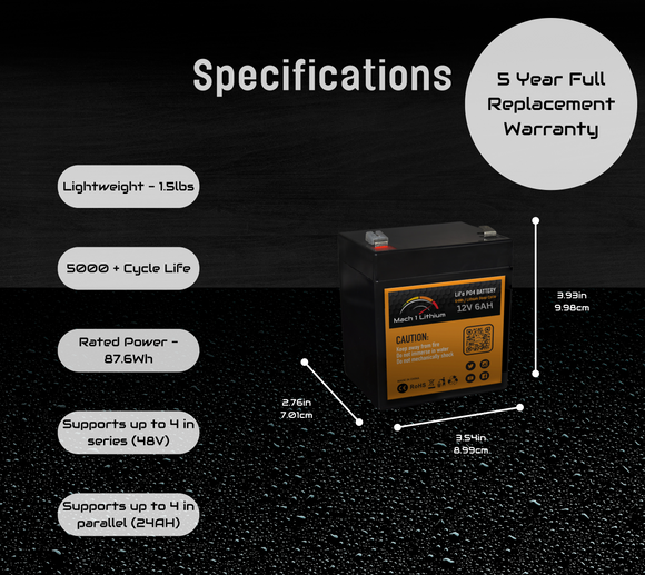 Shop Mach 1 Lithium 12V 6Ah LiFePO4 Battery – specifications graphic with weight, cycle life, and warranty (image 2 of 5)