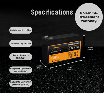 Mach 1 Lithium 12.8V 7.2Ah LiFePO4 Deep Cycle Battery Label Specs