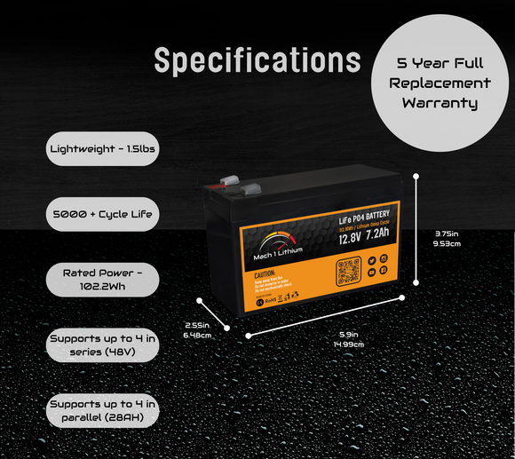 Mach 1 Lithium 12.8V 7.2Ah LiFePO4 Deep Cycle Battery Label Specs