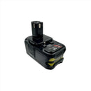 Mach 1 Ryobi 18V 4Ah replacement battery showing connector terminals and side profile – left view