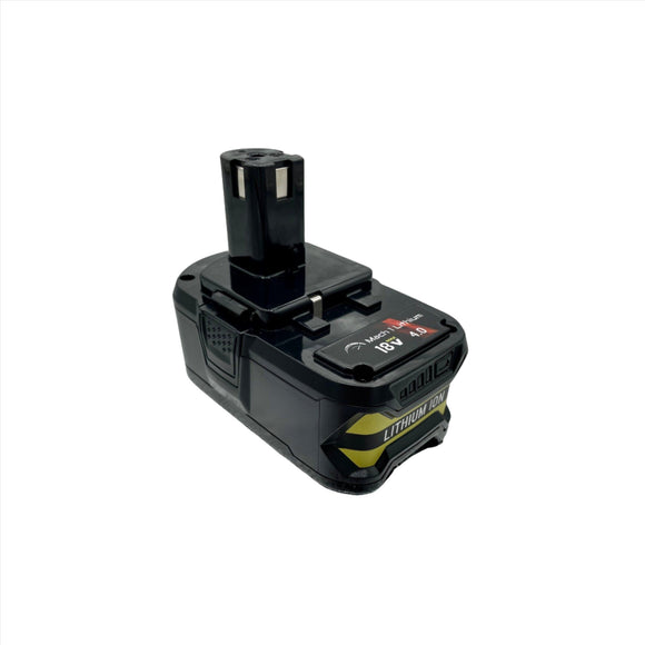 Mach 1 Ryobi 18V 4Ah replacement battery showing connector terminals and side profile – left view
