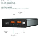 Close-up of 100W power bank multi-port layout — 2x USB-C, ports with power button and LED indicators