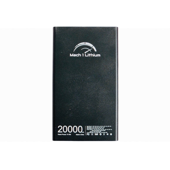 Mach 1 Lithium 20000mAh power bank battery capacity infographic — airline safe lithium power bank specs and charge cycles