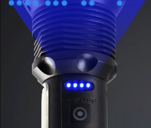P90 tactical flashlight with changeable light modes switch — high, low, strobe, and COB settings