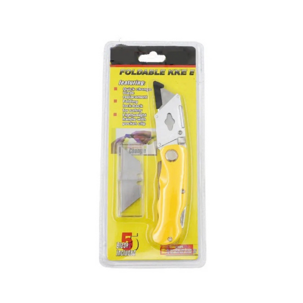 Foldable Utility Box Cutter Knife with 5 Extra Blades, Yellow or Silver Handle